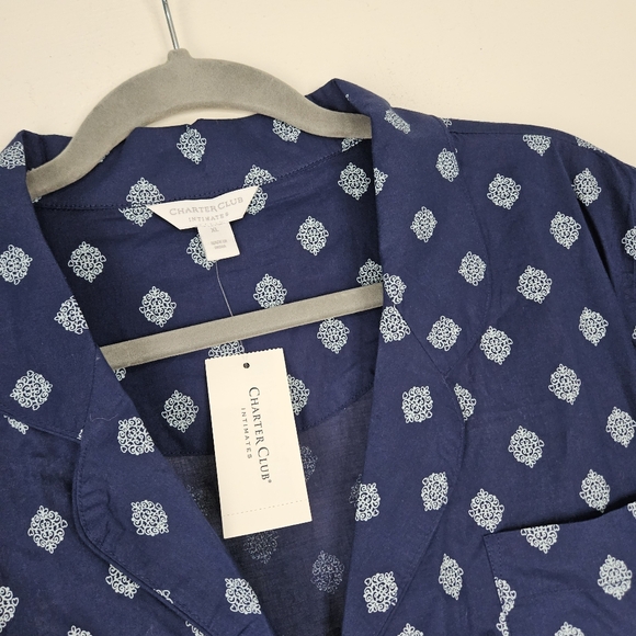 Charter Club Blue 100% Cotton Sleep Shirt Button Front Navy Lace Top New Tag XL - Picture 5 of 9